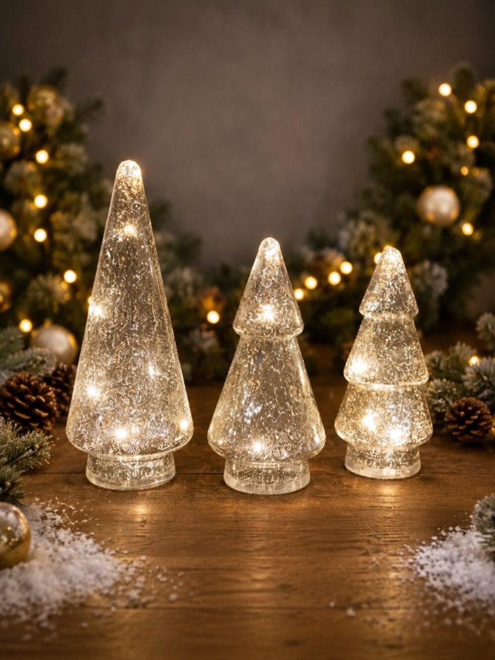 Set of 3 Christmas Glitter Filled LED Light Up Glass Trees